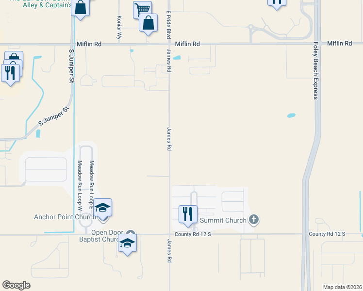 map of restaurants, bars, coffee shops, grocery stores, and more near 9270-9520 James Rd in Foley