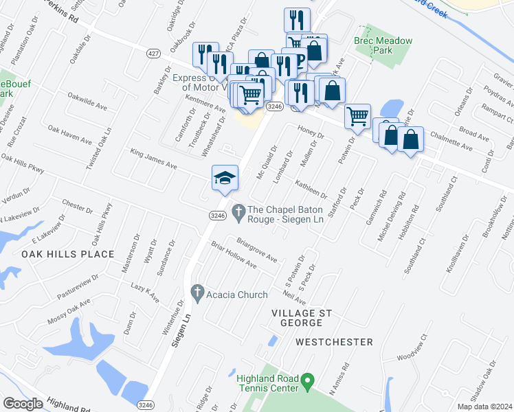 map of restaurants, bars, coffee shops, grocery stores, and more near 13156 Jolissaint Drive in Baton Rouge