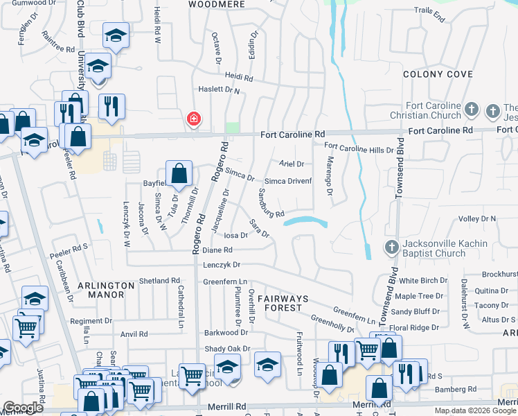 map of restaurants, bars, coffee shops, grocery stores, and more near 3527 Hoover Lane in Jacksonville