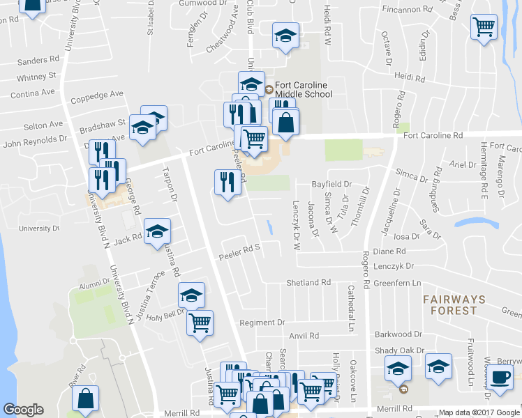 map of restaurants, bars, coffee shops, grocery stores, and more near 6170 Woodette Way in Jacksonville