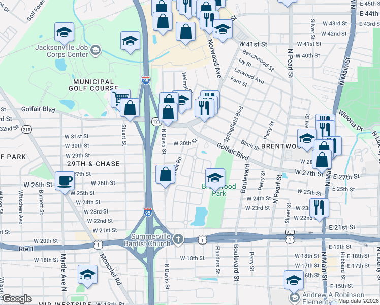 map of restaurants, bars, coffee shops, grocery stores, and more near 3719 Brentwood Avenue in Jacksonville