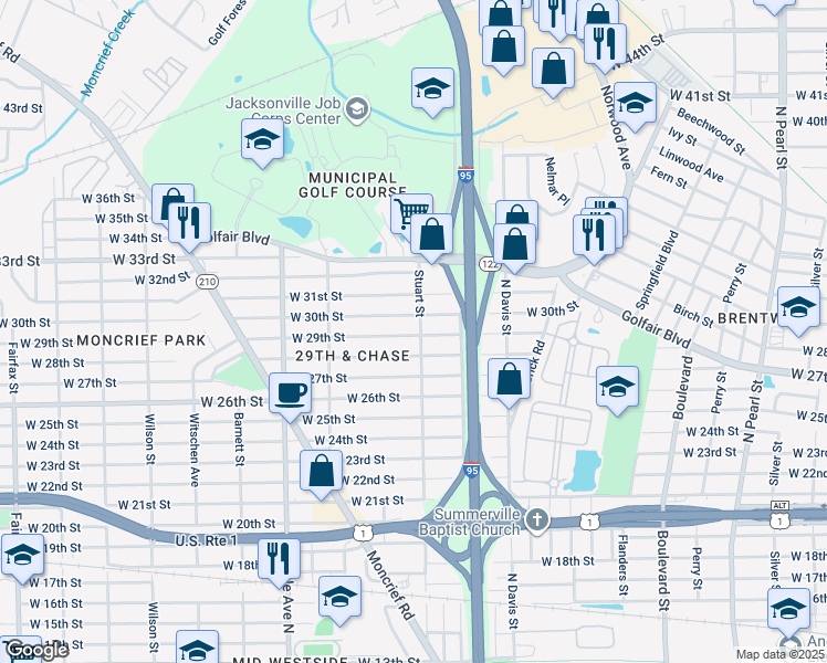 map of restaurants, bars, coffee shops, grocery stores, and more near 1056 West 30th Street in Jacksonville
