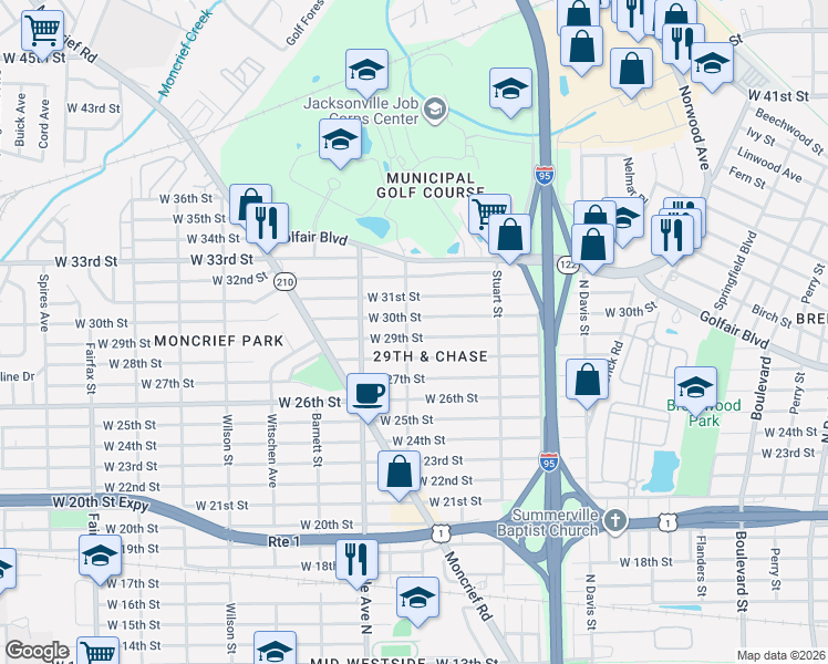 map of restaurants, bars, coffee shops, grocery stores, and more near 1195 West 30th Street in Jacksonville