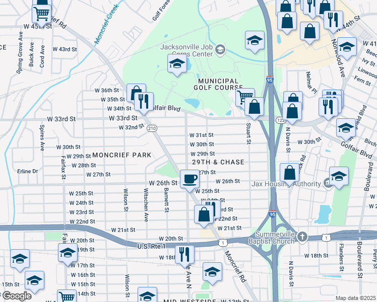 map of restaurants, bars, coffee shops, grocery stores, and more near 1311 West 30th Street in Jacksonville