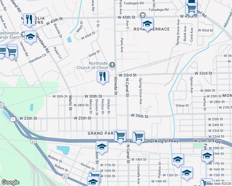 map of restaurants, bars, coffee shops, grocery stores, and more near 3950-4298 Almeda Street in Jacksonville