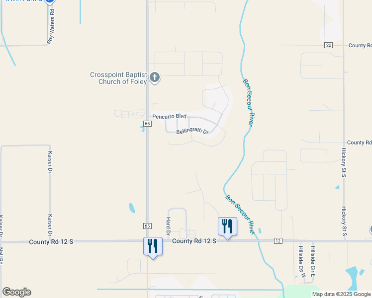 map of restaurants, bars, coffee shops, grocery stores, and more near 3258 Bellingrath Drive in Foley
