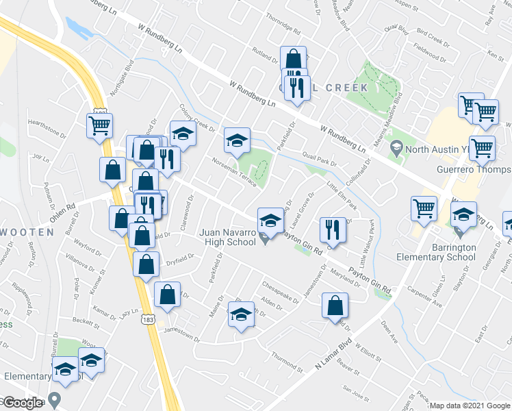 map of restaurants, bars, coffee shops, grocery stores, and more near 8909 Parkfield Drive in Austin