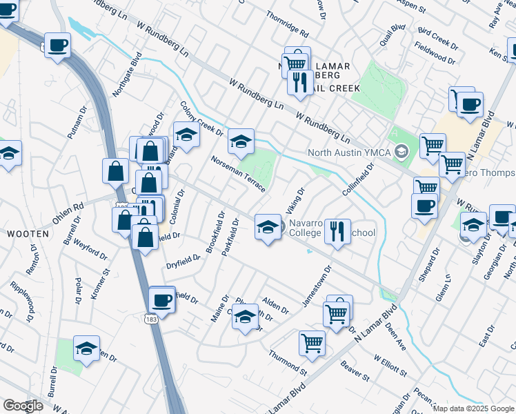 map of restaurants, bars, coffee shops, grocery stores, and more near 8909 Parkfield Drive in Austin