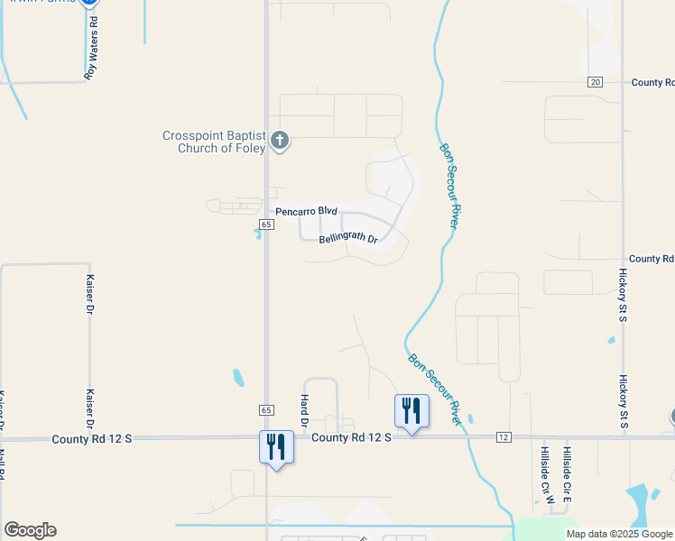 map of restaurants, bars, coffee shops, grocery stores, and more near 3258 Bellingrath Drive in Foley