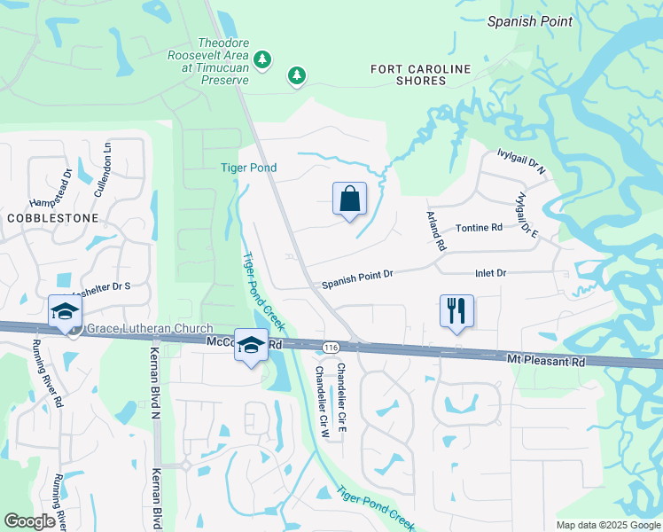 map of restaurants, bars, coffee shops, grocery stores, and more near 13763 Spanish Marsh Trail in Jacksonville