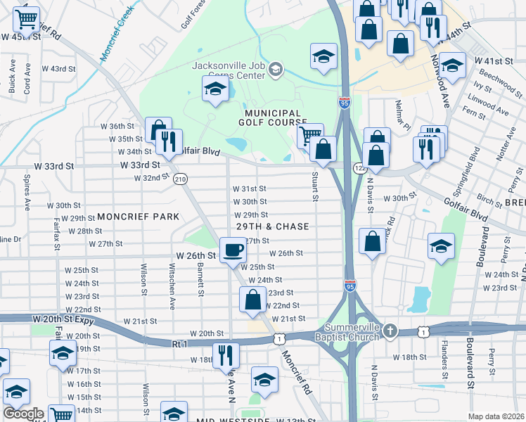 map of restaurants, bars, coffee shops, grocery stores, and more near 1195 West 30th Street in Jacksonville
