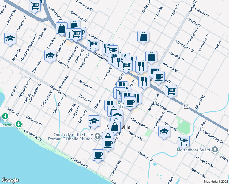 map of restaurants, bars, coffee shops, grocery stores, and more near 717 Carroll Street in Mandeville