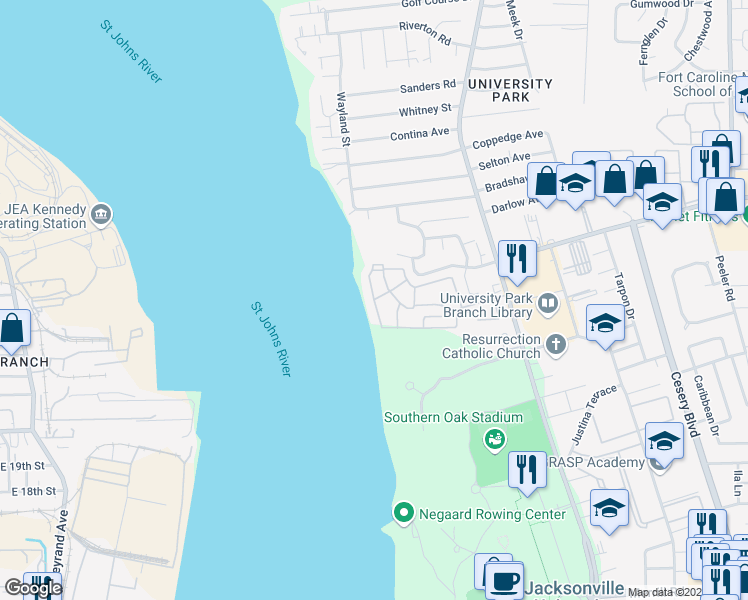 map of restaurants, bars, coffee shops, grocery stores, and more near Fort Caroline Rd & University Dr in Jacksonville
