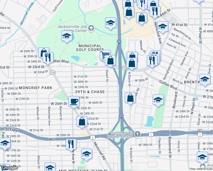 map of restaurants, bars, coffee shops, grocery stores, and more near 1056 West 30th Street in Jacksonville