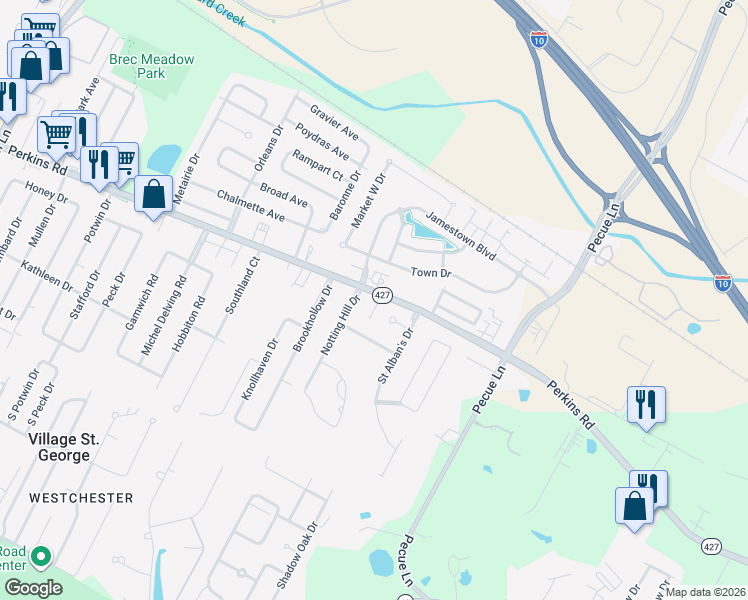 map of restaurants, bars, coffee shops, grocery stores, and more near 1631-1623 Notting Hill Drive in Baton Rouge