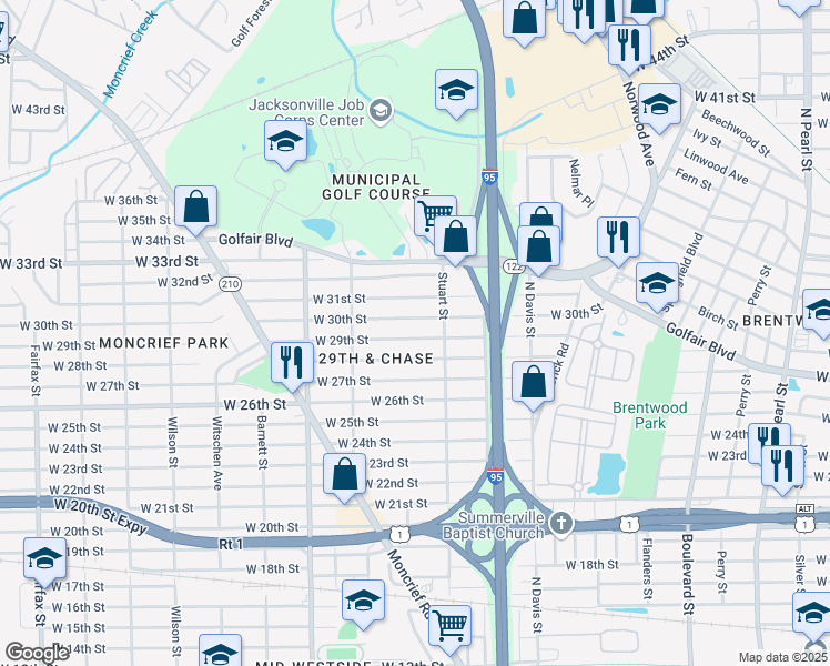 map of restaurants, bars, coffee shops, grocery stores, and more near 1125 West 29th Street in Jacksonville