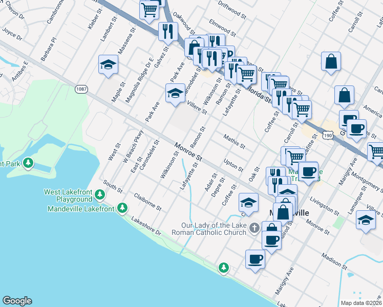 map of restaurants, bars, coffee shops, grocery stores, and more near Monroe Street in Mandeville