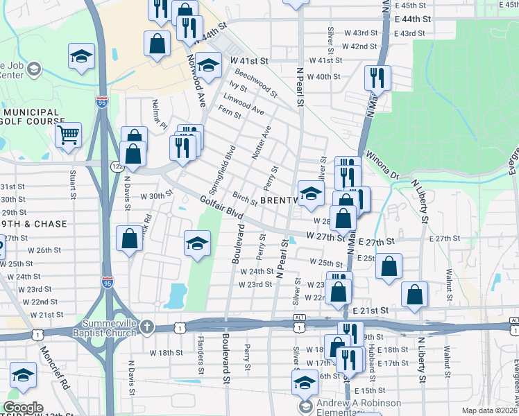 map of restaurants, bars, coffee shops, grocery stores, and more near 354 Woodbine Street in Jacksonville