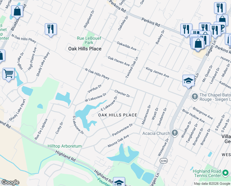 map of restaurants, bars, coffee shops, grocery stores, and more near 12047 Chester Drive in Baton Rouge