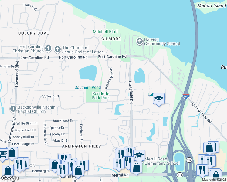 map of restaurants, bars, coffee shops, grocery stores, and more near 8047 Le Havre Drive East in Jacksonville