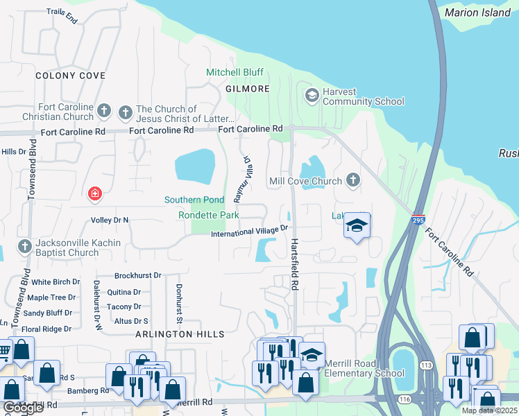map of restaurants, bars, coffee shops, grocery stores, and more near 8076 Le Havre Drive North in Jacksonville