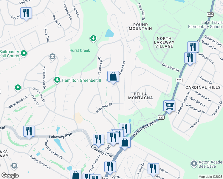 map of restaurants, bars, coffee shops, grocery stores, and more near 104 Mineola Court in Lakeway