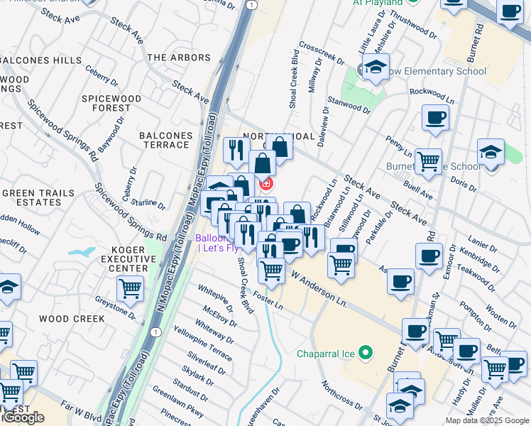 map of restaurants, bars, coffee shops, grocery stores, and more near 7935-7951 Shoal Creek Blvd in Austin