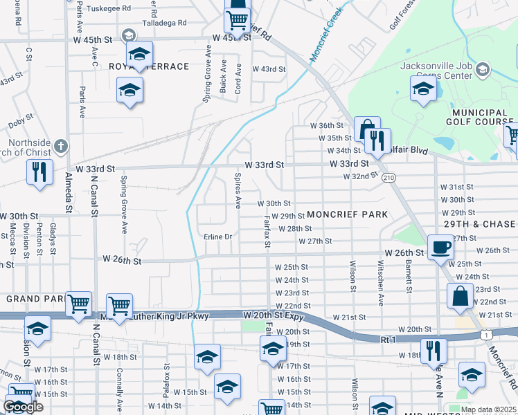 map of restaurants, bars, coffee shops, grocery stores, and more near 1816 West 30th Street in Jacksonville