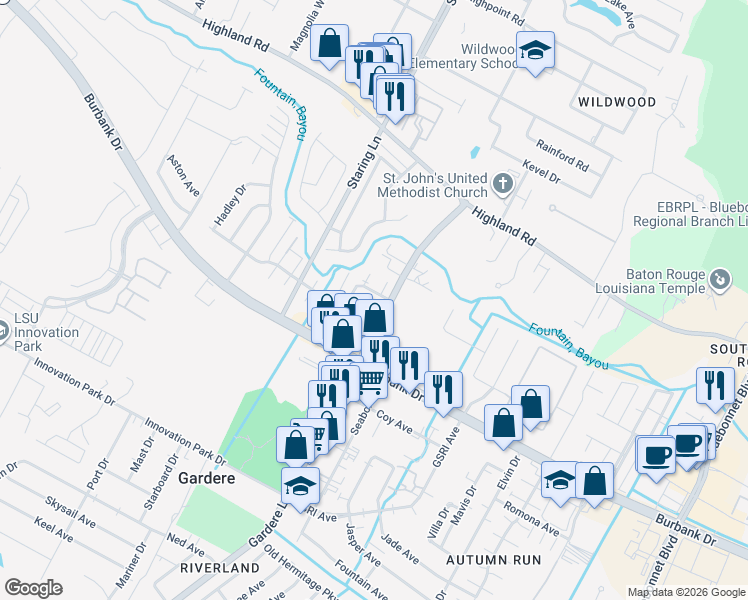 map of restaurants, bars, coffee shops, grocery stores, and more near 8262 Governor Drive in Baton Rouge