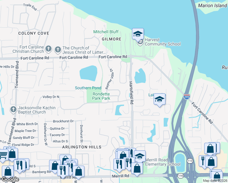 map of restaurants, bars, coffee shops, grocery stores, and more near 8047 Le Havre Drive East in Jacksonville