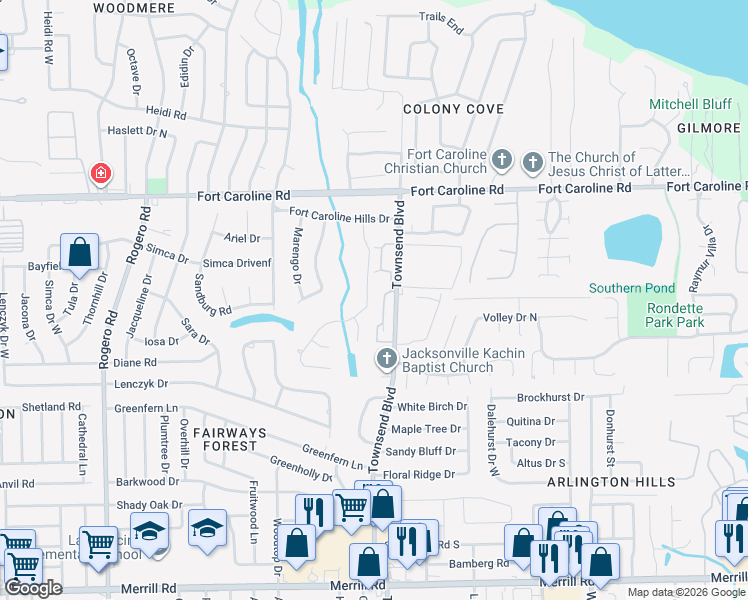 map of restaurants, bars, coffee shops, grocery stores, and more near in Jacksonville
