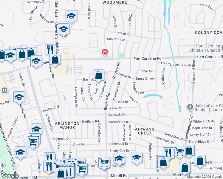 map of restaurants, bars, coffee shops, grocery stores, and more near 3541 Thornhill Drive in Jacksonville