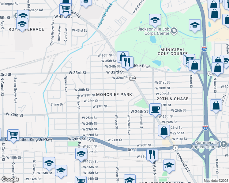 map of restaurants, bars, coffee shops, grocery stores, and more near 1525 West 30th Street in Jacksonville