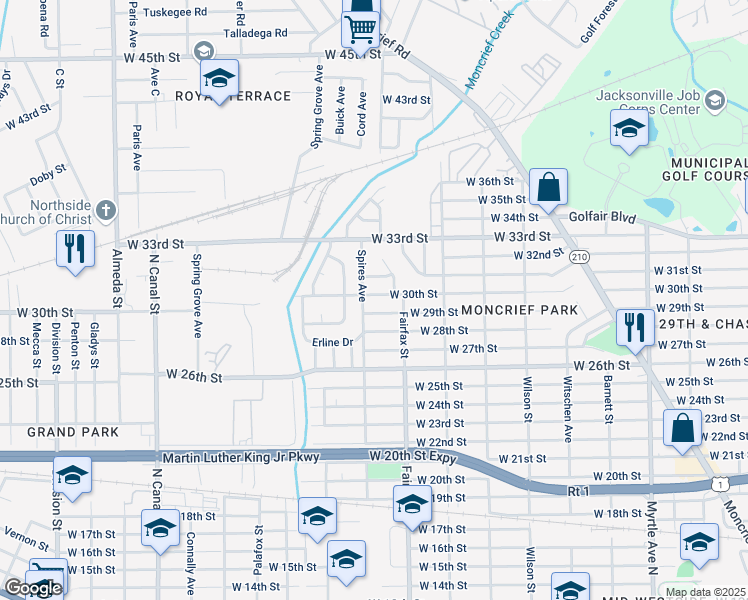 map of restaurants, bars, coffee shops, grocery stores, and more near 1907 West 30th Street in Jacksonville