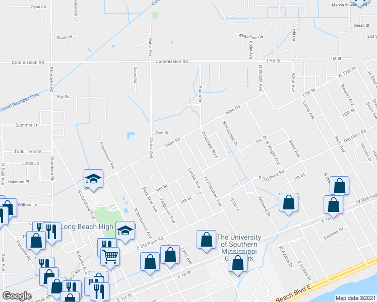 map of restaurants, bars, coffee shops, grocery stores, and more near 341 McCaughan Avenue in Long Beach