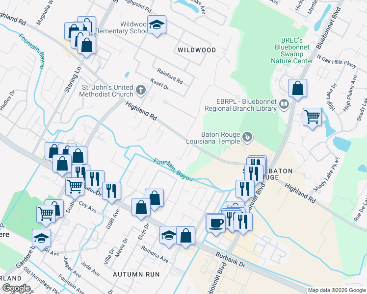 map of restaurants, bars, coffee shops, grocery stores, and more near 9880 Highland Road in Baton Rouge