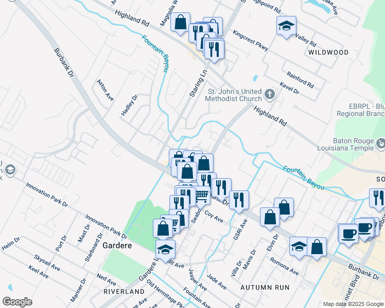 map of restaurants, bars, coffee shops, grocery stores, and more near 8262 Governor Drive in Baton Rouge