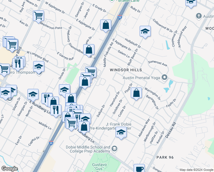 map of restaurants, bars, coffee shops, grocery stores, and more near 9910 Randall Drive in Austin