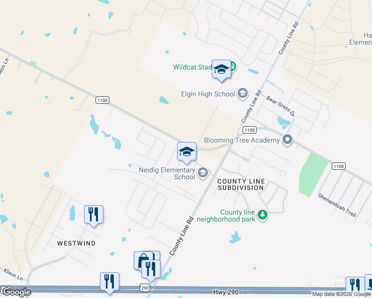 map of restaurants, bars, coffee shops, grocery stores, and more near Farm to Market 1100 in Elgin