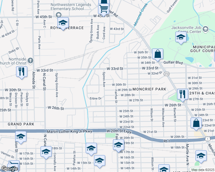 map of restaurants, bars, coffee shops, grocery stores, and more near 1850 West 30th Street in Jacksonville