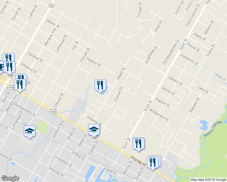 map of restaurants, bars, coffee shops, grocery stores, and more near 1261 Albert Street in Mandeville