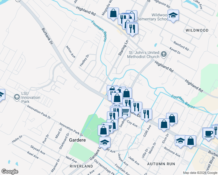 map of restaurants, bars, coffee shops, grocery stores, and more near 8178 Bayou Fountain Avenue in Baton Rouge