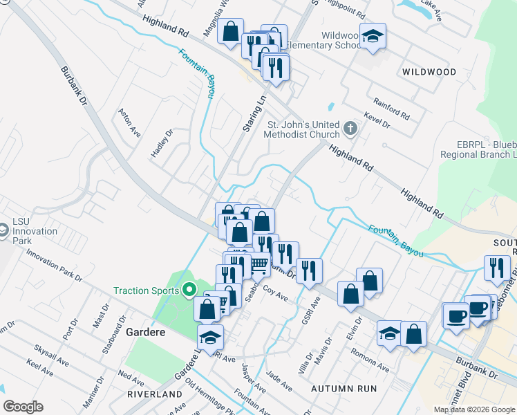 map of restaurants, bars, coffee shops, grocery stores, and more near 8262 Governor Drive in Baton Rouge