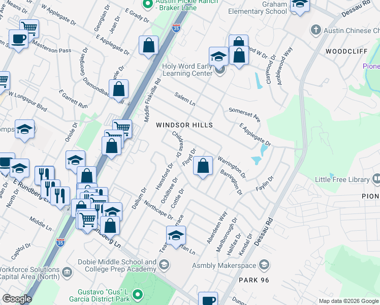 map of restaurants, bars, coffee shops, grocery stores, and more near 10013 Childress Drive in Austin