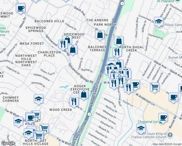 map of restaurants, bars, coffee shops, grocery stores, and more near 3507 Starline Drive in Austin