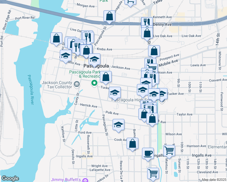 map of restaurants, bars, coffee shops, grocery stores, and more near 1008 Tucker Avenue in Pascagoula