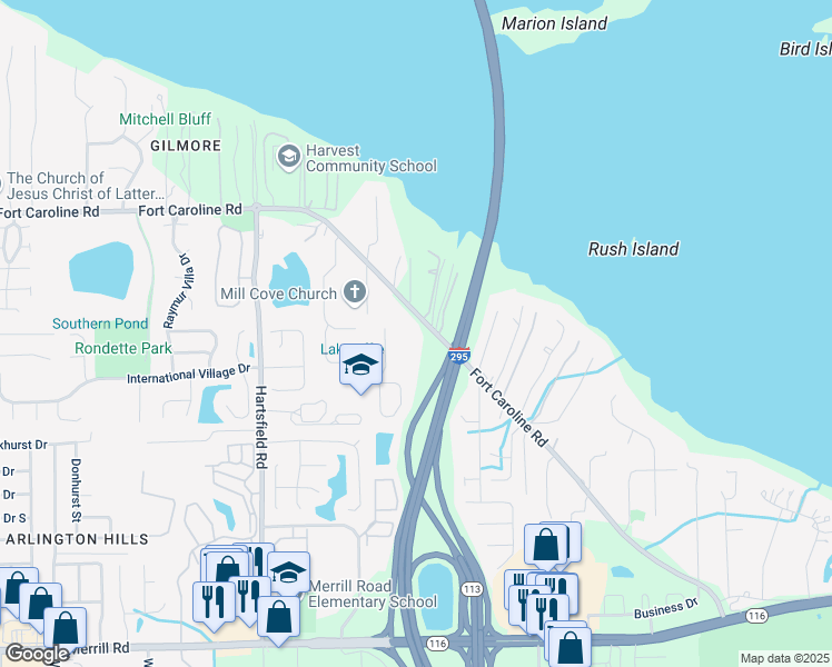 map of restaurants, bars, coffee shops, grocery stores, and more near 8702 Fort Caroline Road in Jacksonville