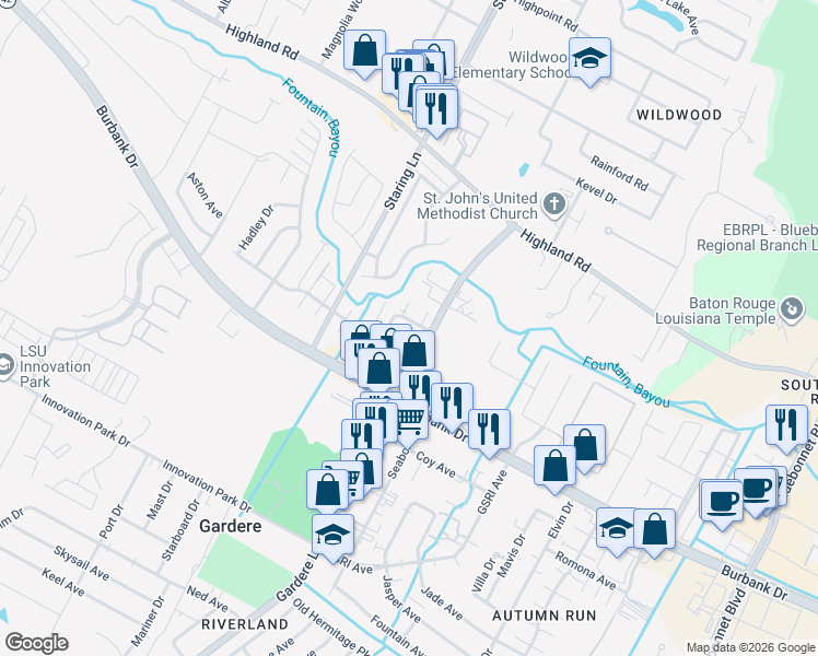 map of restaurants, bars, coffee shops, grocery stores, and more near 8262 Governor Drive in Baton Rouge