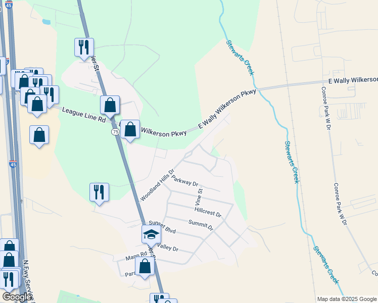 map of restaurants, bars, coffee shops, grocery stores, and more near 65 Woodland Hill Drive in Conroe