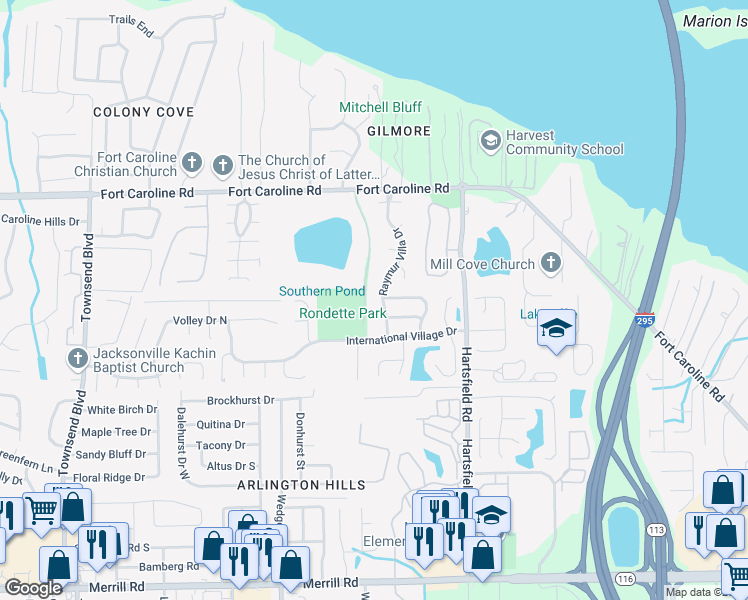 map of restaurants, bars, coffee shops, grocery stores, and more near 3524 Rondette Lake Road in Jacksonville